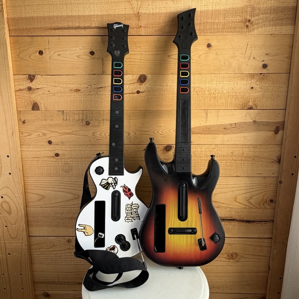 Lot Of 2 Guitar Hero Nintendo Wii UNTESTED Les Paul‎ Sunburst White Strap Parts